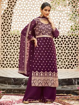 Women Plus - Purple Embroidered Georgette Kurta with Palazzo & Dupatta