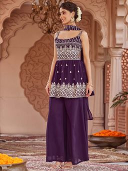 Women Plus - Purple Zari Embroidered Peplum Kurti with Sharara & Dupatta