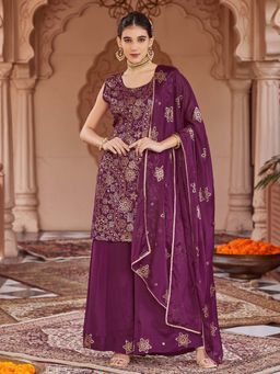 Women Plus - Pure Viscose Chinnon Kurta with Sharara & Dupatta