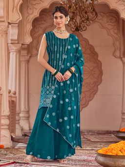 Women Plus - Teal Sequence-Embroidered Georgette Kurta with Sharara & Dupatta