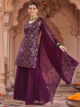 Women Plus - Wine Sequence-Embroidered Georgette Kurta with Sharara & Dupatta