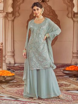 Women Plus - Grey Sequence-Embroidered Georgette Kurta with Sharara & Dupatta