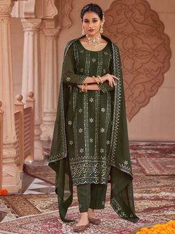 Women Plus - Madras Green Embroidered Georgette Kurta with Pant & Dupatta