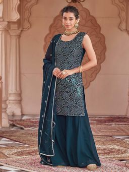 Women Plus - Teal Sequence-Embroidered Georgette Kurta with Sharara & Dupatta