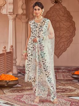 Women Plus - White Sequence-Embroidered Net Kurta with Pant & Dupatta
