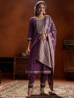 Women Plus - Purple Embroidered Viscose Silk Kurta with Pant & Dupatta