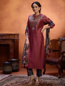 Women Plus - Red Embroidered Viscose Silk Kurta with Pant & Dupatta