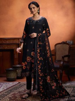 Women Plus - Black Embroidered Pure Muslin Silk Kurta with Pant & Dupatta