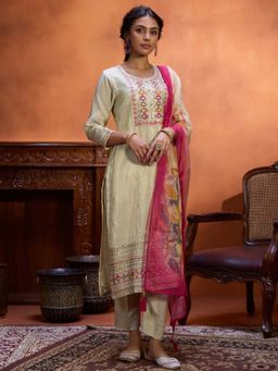 Women Plus - Ivory Embroidered Shimmer Silk Kurta with Pant & Dupatta