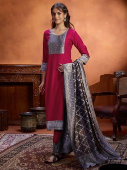 Women Plus - Pink Embroidered Viscose Silk Kurta with Pant & Dupatta