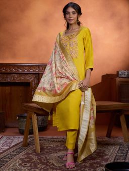 Women Plus - Yellow Embroidered Viscose Silk Kurta with Pant & Dupatta