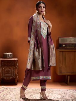 Women Plus - Mauve Embroidered Viscose Silk Kurta with Pant & Dupatta