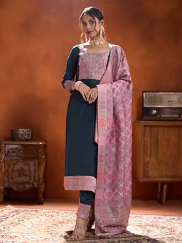 Women Plus - Navy Blue Embroidered Viscose Silk Kurta with Pant & Dupatta