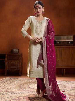 Women Plus - Ivory Embroidered Shimmer Silk Kurta with Pant & Dupatta
