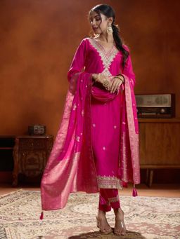 Women Plus - Pink Embroidered Viscose Silk Kurta with Pant & Dupatta