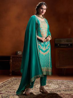 Women Plus - Turquoise Jacquard Weave Pure Viscose Silk Kurta with Pant & Dupatta