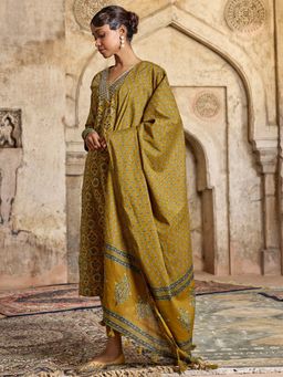 Women Plus - Mustard Embroidered Pure Cotton Kurta with Pant & Dupatta