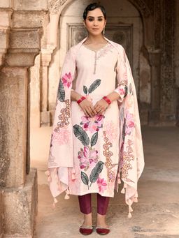 Women Plus - Pink Digitally Printed Cotton Linen Kurta with Pant & Dupatta
