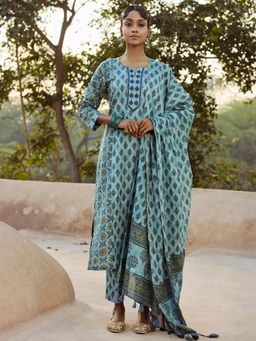 Women Plus - Blue Embroidered Pure Cotton Kurta with Pant & Dupatta