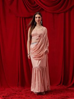 INDO STREET - Peach Embellished Stripes Bustier and Skirt with attached Dupatta