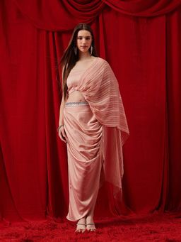 INDO STREET - Peach Embellished Stripes Bustier and Skirt with attached Dupatta