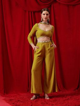 INDO STREET - Mustard Solid Lace Work Blouse with Palazzo & Dupatta