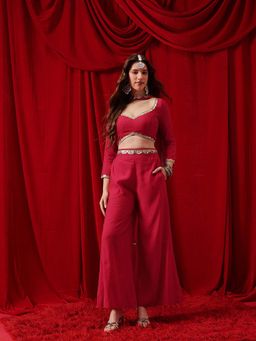 INDO STREET - Pink Solid Lace Work Blouse with Palazzo & Dupatta
