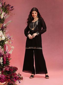 INDO STREET - Black Embroidered Bustier with Kurta and Palazzo