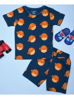 Be Awara - Half Sleeves Cotton T-shirt & Shorts Puffer Fish Print Navy Blue (Set of 2)