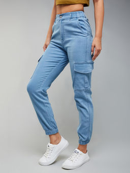 DOLCE CRUDO - Womens Light Blue High Rise Stretchable Denim Joggers