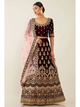 Soch - Women Purple Velvet Embroidered Lehenga Choli Dress Material (Set of 3)