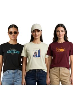 Nobero - Multi-Colour Printed Regular Fit Cotton T-Shirt (Pack Of 3)