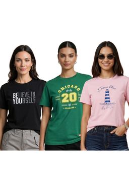 Nobero - Multi-Colour Printed Cotton T-Shirt (Pack Of 3)