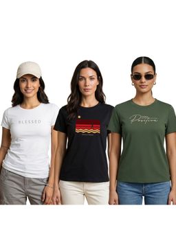 Nobero - Multi-Colour Printed Regular Fit Cotton T-Shirt (Pack Of 3)