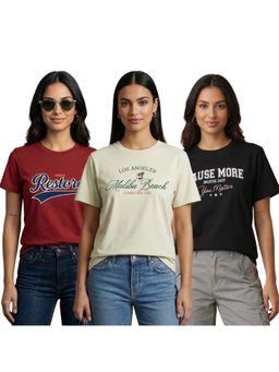 Nobero - Multi-Colour Printed Regular Fit Cotton T-Shirt (Pack Of 3)