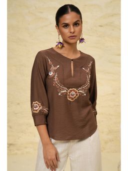 Sheczzar - Brown Embroidered Linen Blend Top