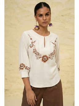 Sheczzar - White Embroidered Linen Blend Top