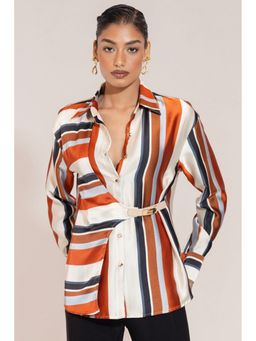 Sheczzar - Rust Luxe Satin Shirt Dull Satin Belted Top
