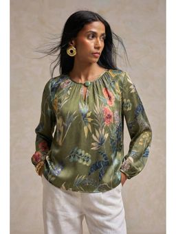 Sheczzar - Olive Satin Chiffon Floral Printed Top