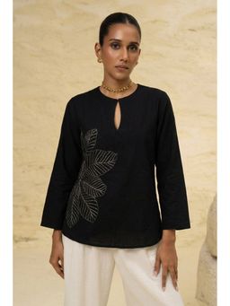 Sheczzar - Black Leaf Embroidered Linen Blend Luxury Top