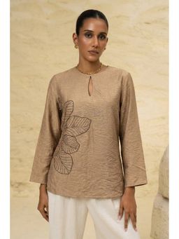 Sheczzar - Beige Leaf Embroidered Linen Blend Luxury Top