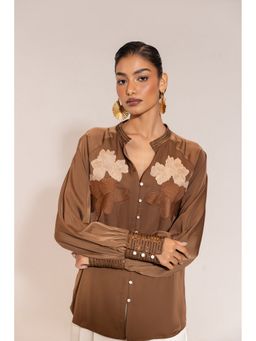 Sheczzar - Brown Premium Satin Embroidered Oversized Top