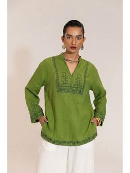 Sheczzar - Pista Green Linen Blend Oversized Embroidered Top