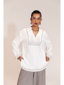 Sheczzar - White Linen Blend Oversized Embroidered Top