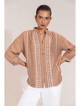 Sheczzar - Brown Linen Blend Embroidered Shirt