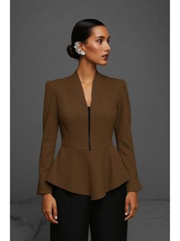 Sheczzar - Brown Thick Woven Peplum Top