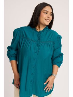 Virgio - Teal Button Down with Ruffle Neckline and Lace Detail Regular Evening Top