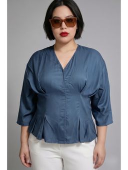 Virgio - Blue Viscose Pleated Wrap Peplum Top