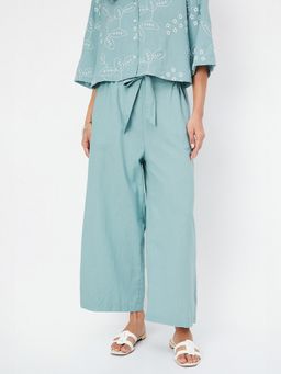 max - Blue Women Solid Tie-Up Waist Palazzo