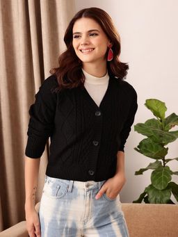 STREET 9 - Black Cable Knit Acrylic Cardigan